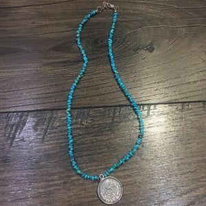 17” TURQUOISE NECKLACE w/ SILVER MAYAN COIN